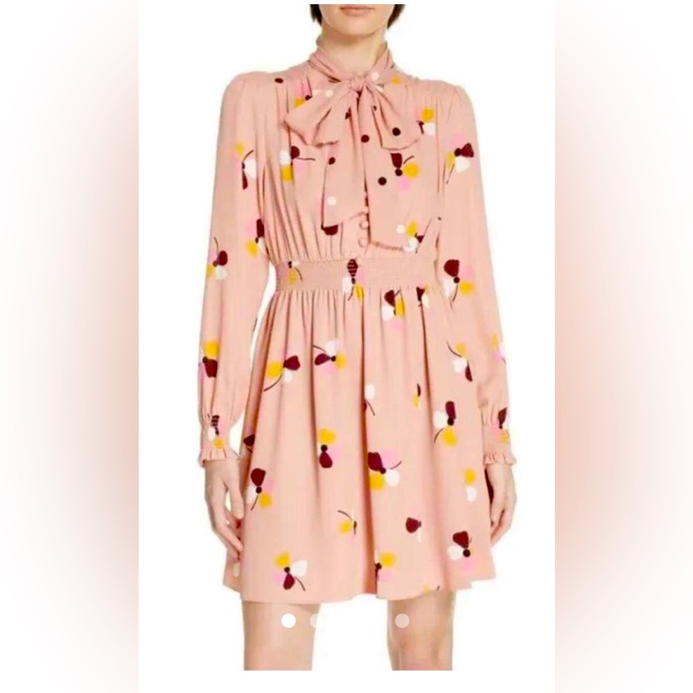 Kate Spade Pink Floral Print Chiffon Long Sleeve Dress, Size Large